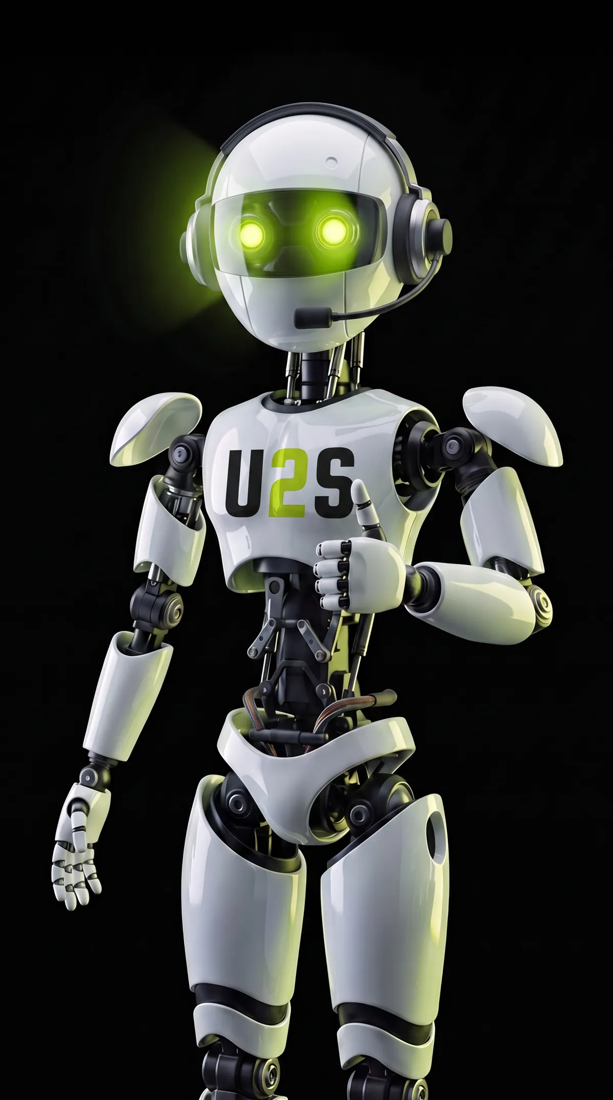 Robot humanoide blanco y verde con el logotipo de U2S en el pecho